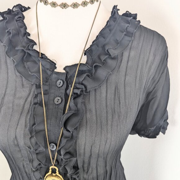 VTG 00s Y2K Sunny Leigh Black Sheer Pleated Ruffle Short Sleeve Button-Up Blouse - Picture 5 of 6
